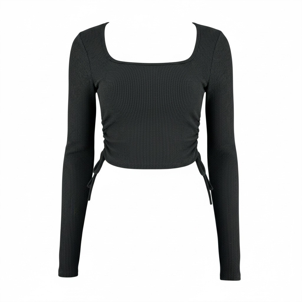 Pretty Little Thing Black Cropped Long Sleeve Top Side Ties Rounded Square Neck